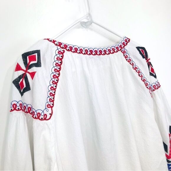 Cato White Cotton Black Red Blue Ethnic Embroidered Button Up Peasant Blouse - Picture 9 of 15